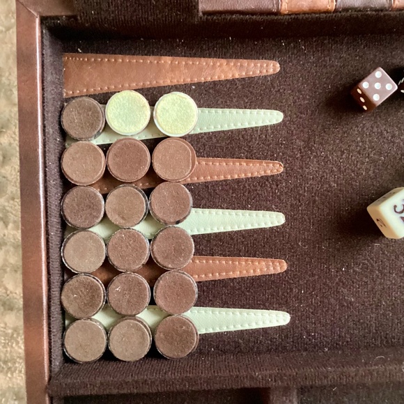 Vtg Backgammon Board Game Set Faux Brown Leather Travel Case Interior Stitched - Picture 7 of 16